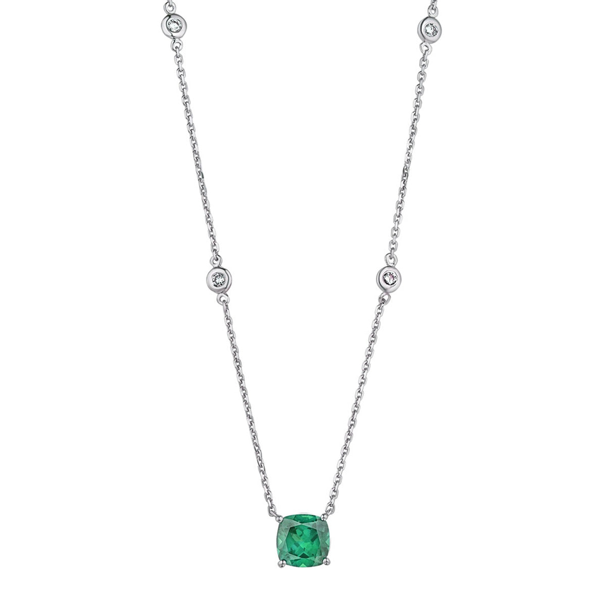 Astra 1.70ct Lab Emerald and Diamond Solitaire Cushion Cut Necklace in Silver